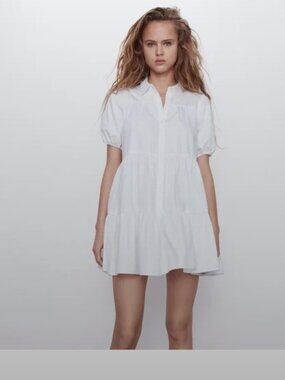 Zara White Puff Sleeve Poplin Tiered Button-Down Babydoll Dress Tunic